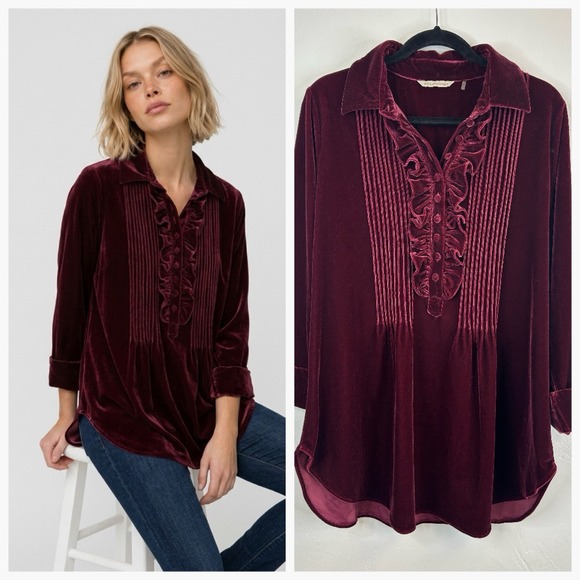 Soft Surroundings Tops - Burgundy Velvet Soft Surroundings Size L Tunic Top Ruffle Front 3/4 Sleeve Boho